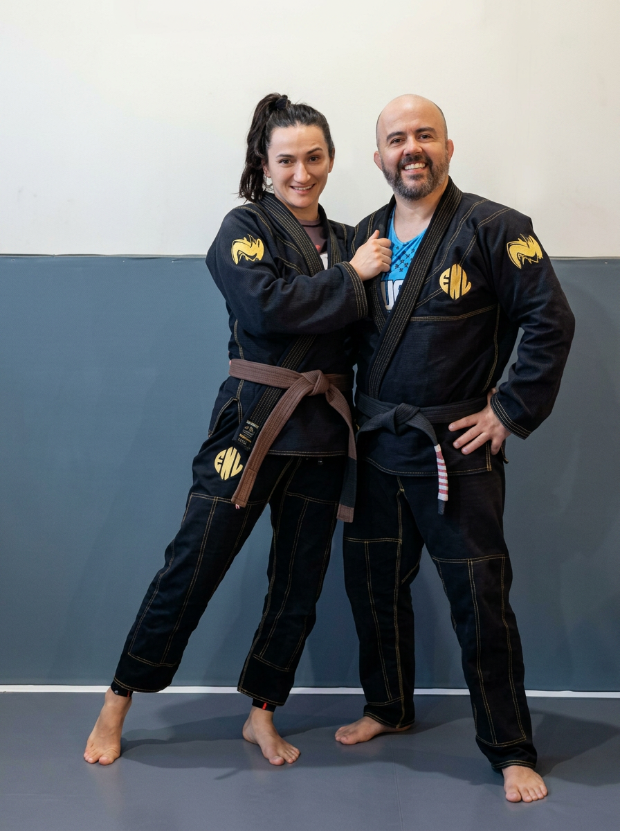 Ligeirinho e Aline, fundadores da Tatame de Lona, faixas preta e marrom de jiu-jitsu